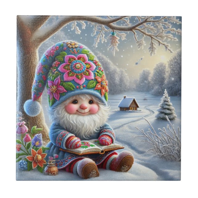 Adorable Winter Gnome in a Cosy Winter Landscape Ceramic Tile (Front)