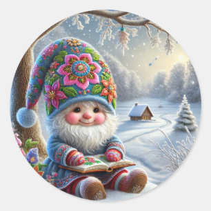 Adorable Winter Gnome in a Cosy Winter Landscape Classic Round Sticker