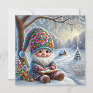 Adorable Winter Gnome in a Cosy Winter Landscape Holiday Card