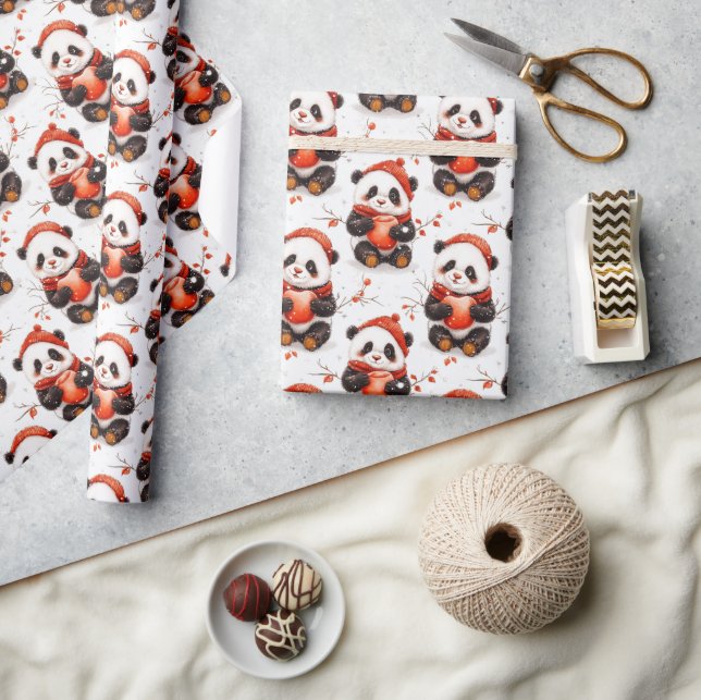 Adorable Winter Panda Pattern with Cosy Red Beanie Wrapping Paper (Crafts)