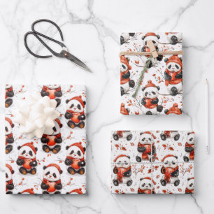 Adorable Winter Panda Pattern with Cosy Red Beanie Wrapping Paper Sheet