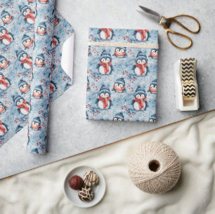Adorable Winter Penguin Pattern with Cosy Hats Wrapping Paper