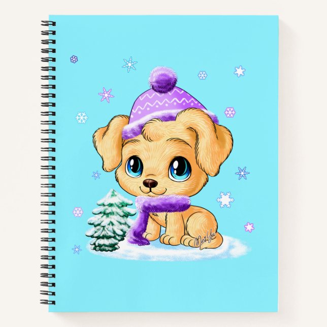 Adorable Winter Puppy Dog Art Turquoise Notebook (Front)