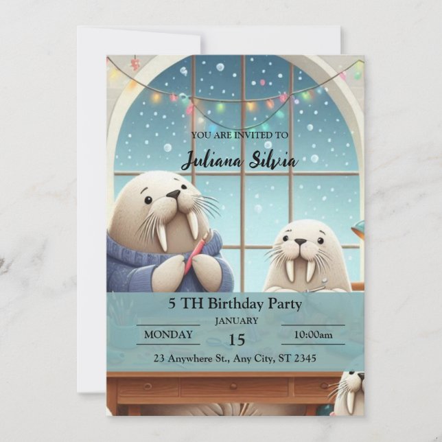 Adorable Winter Walrus Birthday Party Invitation (Front)