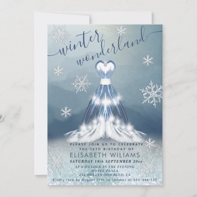 Adorable winter wonderland dress sweet 16 invitation (Front)
