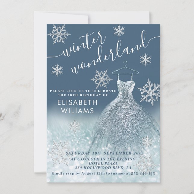 Adorable winter wonderland glitter ombre sweet 16  invitation (Front)