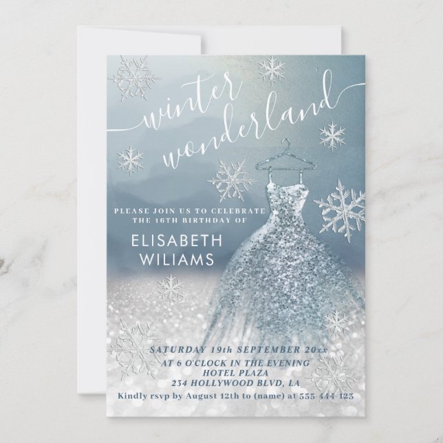 Adorable winter wonderland glitter ombre sweet 16  invitation (Front)