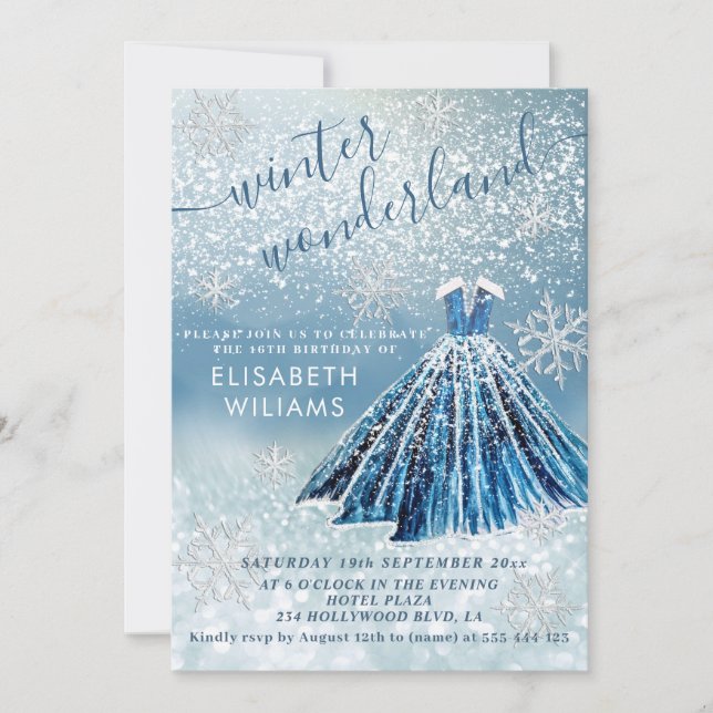 Adorable winter wonderland glitter ombre sweet 16  invitation (Front)