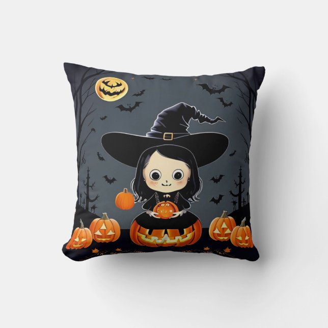 Adorable Witch and Pumpkins Cushion (Front)