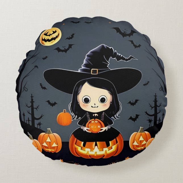 Adorable Witch and Pumpkins Round Cushion (Front)
