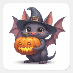 Adorable Witch Bat Holding Jack O Lantern 🦇 Square Sticker