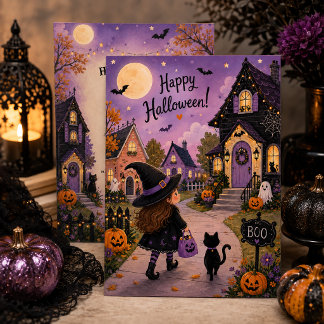Adorable Witch & Black Cat Halloween Party | Invitation