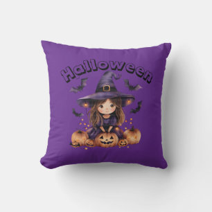 Adorable Witch Halloween Throw Pillow