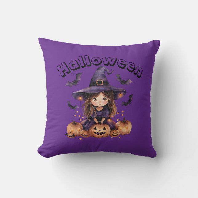 Adorable Witch Halloween Throw Pillow (Front)