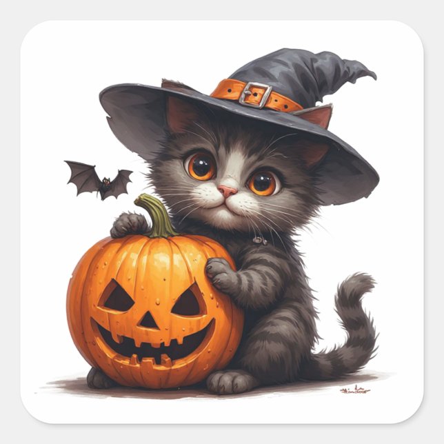 Adorable Witch Hat Kitten And Pumpkin 🎃 Square Sticker (Front)
