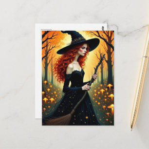 Adorable Witch in Autumn Forest Postcard
