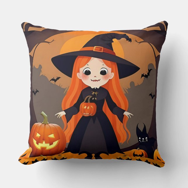 Adorable Witch in Halloween Setting with Pumpkins Cushion (Front)