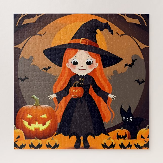 Adorable Witch in Halloween Setting with Pumpkins Jigsaw Puzzle (Vertical)