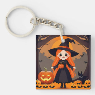 Adorable Witch in Halloween Setting with Pumpkins Key Ring