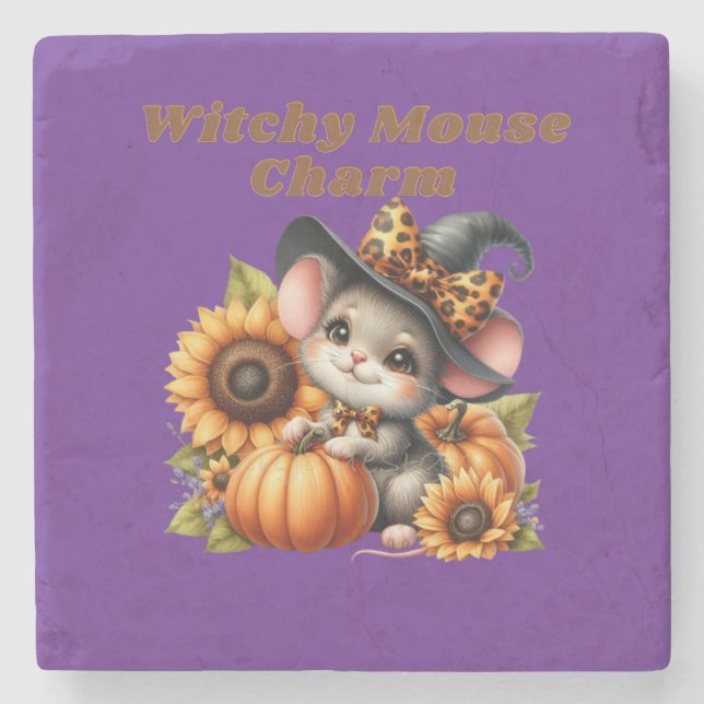 Adorable Witch Mouse Halloween Charm for Festive D Stone Coaster (Front)