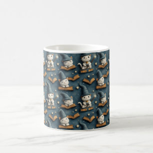 Adorable Wizard Cat Pattern with Books and Stars Coffee Mug