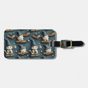 Adorable Wizard Cat Pattern with Books and Stars Luggage Tag