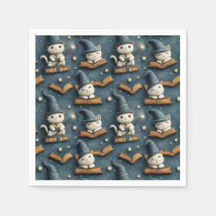 Adorable Wizard Cat Pattern with Books and Stars Napkin