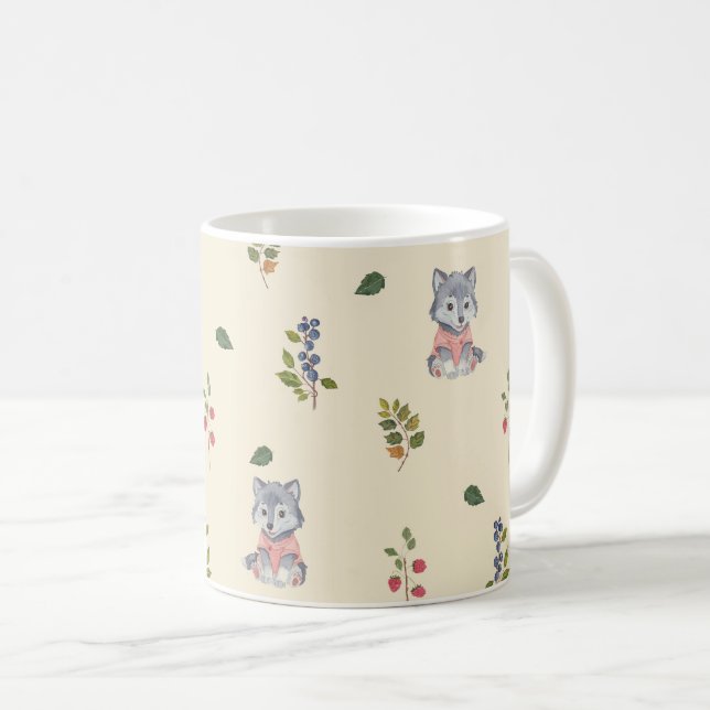 Adorable Wolf and Forest Berries Pattern  Coffee Mug (Front Right)