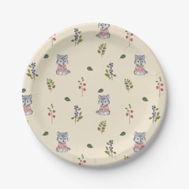 Adorable Wolf and Forest Berries Pattern  Paper Plate (Front)