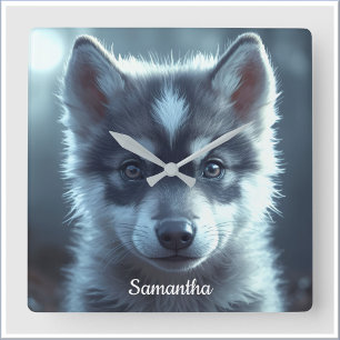 Adorable Wolf Baby in the Moonlight Square Wall Clock