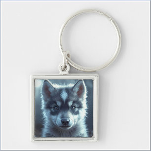 Adorable Wolf Puppy in the Moonlight Key Ring