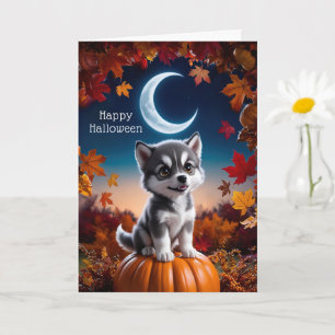 Adorable Wolf with Crescent Moon Halloween Art Card