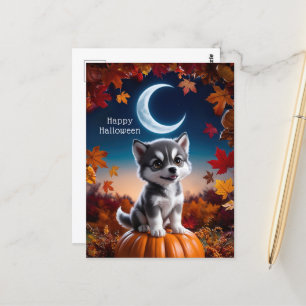 Adorable Wolf with Crescent Moon Halloween Art Postcard
