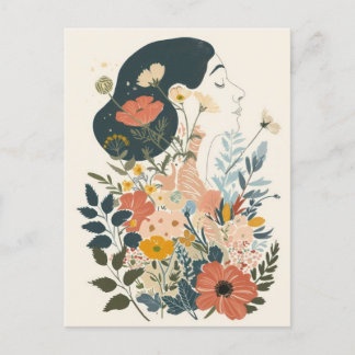 ADORABLE WOMAN WITH FLOWERS ILLUSTRATION POSTCARD