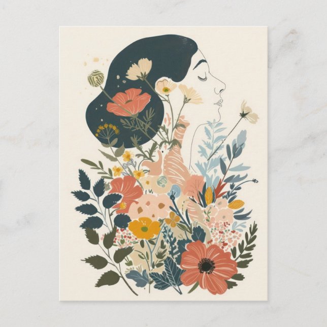 ADORABLE WOMAN WITH FLOWERS ILLUSTRATION POSTCARD (Front)