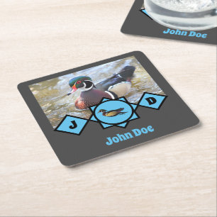Adorable Wood Duck Name Tag Photo Square Paper Coaster