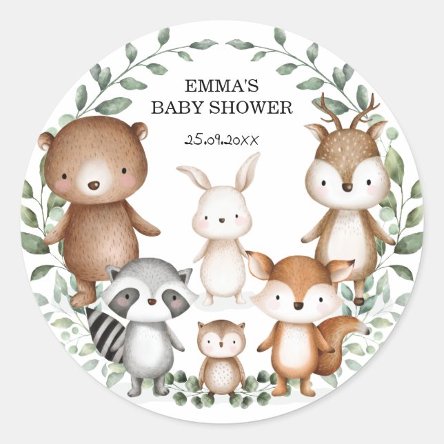 Adorable Woodland Animals Greenery Wreath Favours Classic Round Sticker (Front)