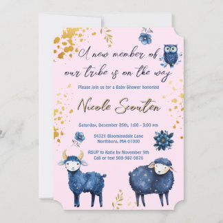 Adorable Woodland Animals Pink &  Navy Blue Galaxy Invitation
