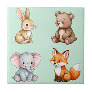 Adorable Woodland Baby Animals Pastel Watercolor Ceramic Tile