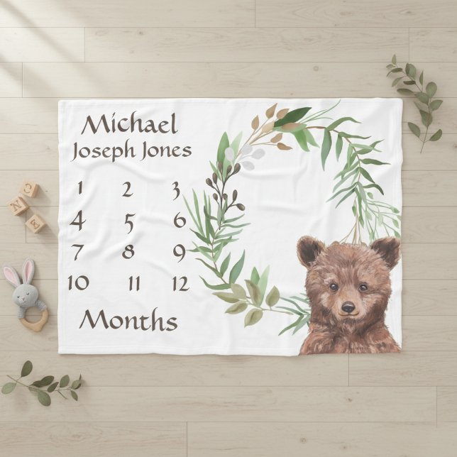 Adorable Woodland Baby Bear Milestone Keepsake  Fleece Blanket (Creator Uploaded)