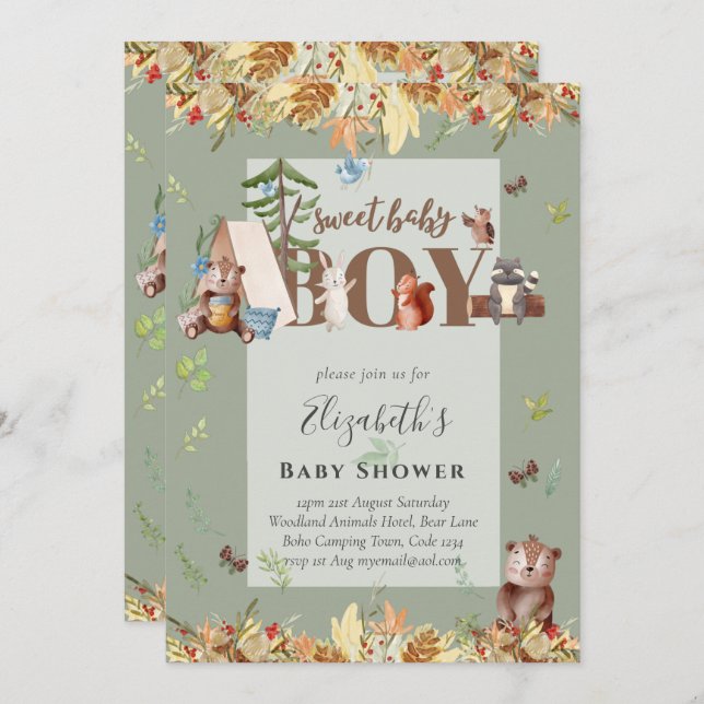 Adorable Woodland Bear Camping Boys Baby Shower In (Front/Back)