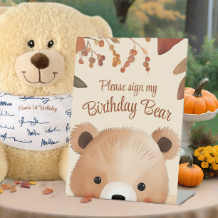 Adorable Woodland Bear First Birthday Fall Baby Pedestal Sign