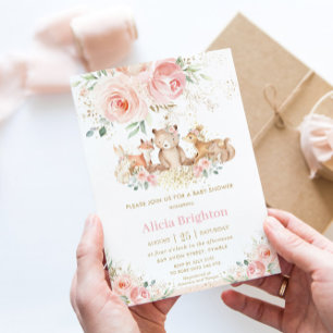 Adorable Woodland Blush Floral Girly Baby Shower Invitation
