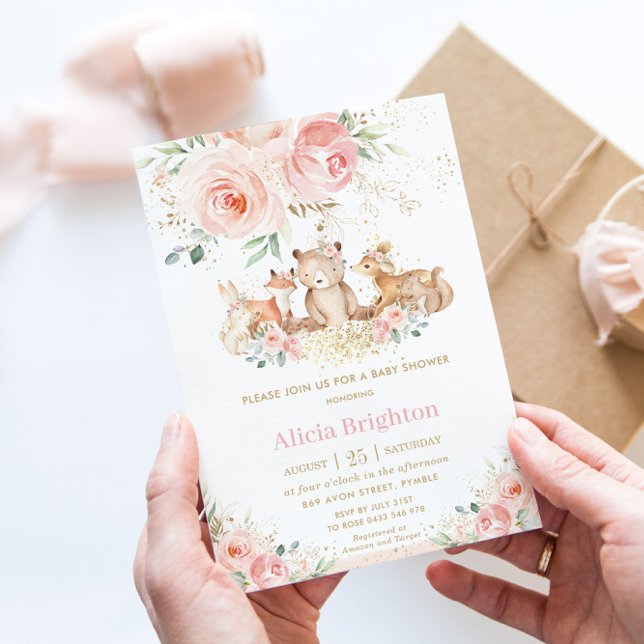 Adorable Woodland Blush Floral Girly Baby Shower Invitation (Creator Uploaded)