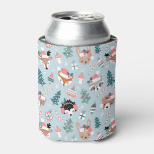 Adorable Woodland Christmas Animal Faces Pattern Can Cooler