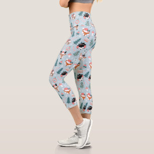 Adorable Woodland Christmas Animal Faces Pattern Capri Leggings
