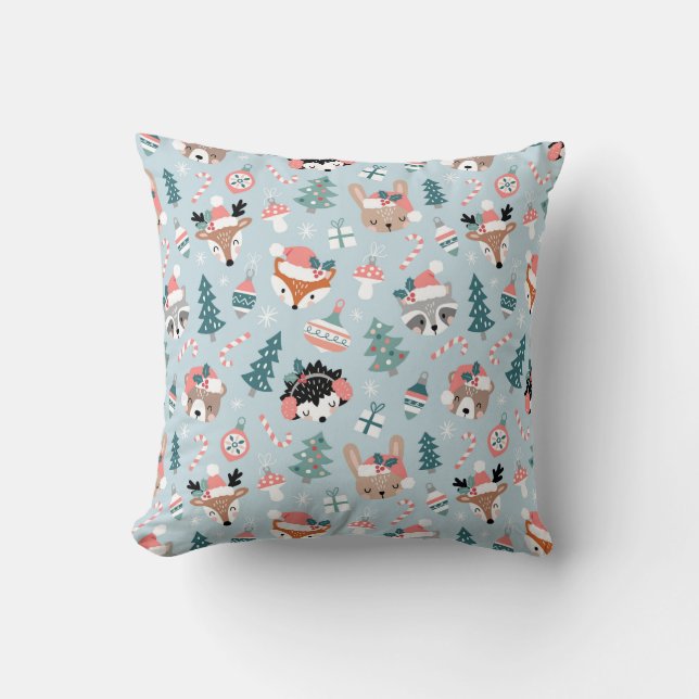 Adorable Woodland Christmas Animal Faces Pattern Cushion (Front)