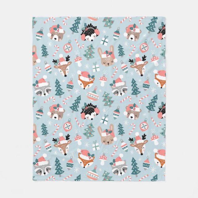 Adorable Woodland Christmas Animal Faces Pattern Fleece Blanket (Front)