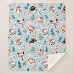 Adorable Woodland Christmas Animal Faces Pattern Sherpa Blanket
