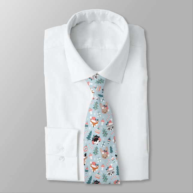 Adorable Woodland Christmas Animal Faces Pattern Tie (Tied)